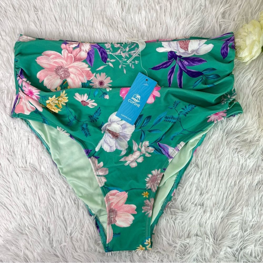 Cupshe Green Floral High Waist Bikini Bottom